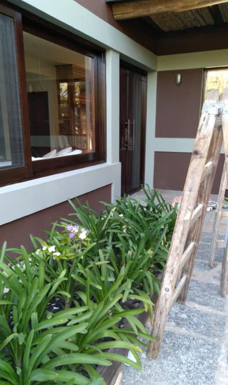 Pintura exterior de fachada con escalera en obra